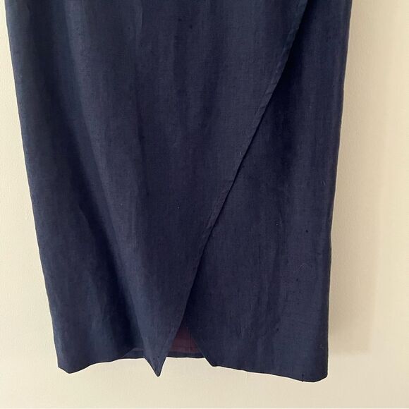 Vintage Linen Skirt Lined Navy Faux Wrap Size 10 Modest Capsule Minimal Tradwife - Picture 3 of 8